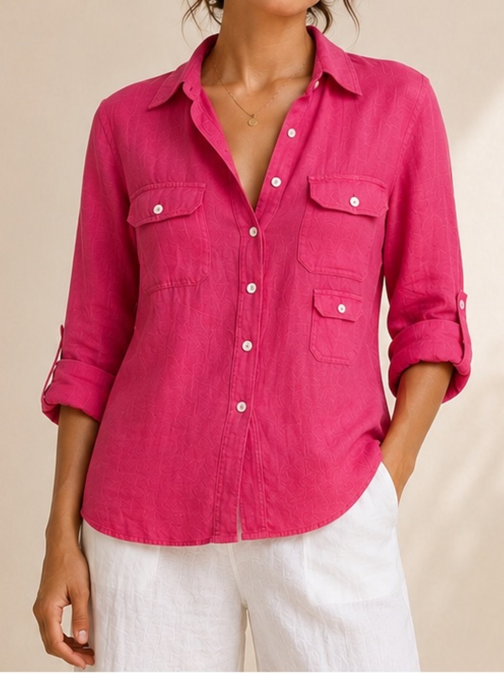 Bright Pink 100% Linen Utility Safari Button Front Shirt Conrad C Size 6